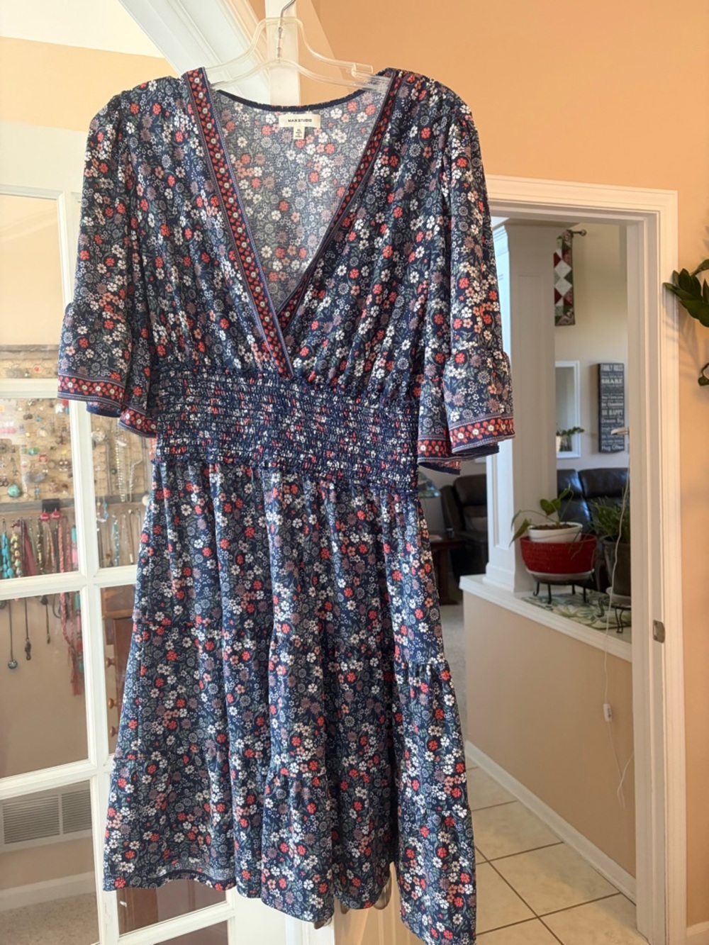 Floral Smocked Waist V-Neck Dress - Navy Multi